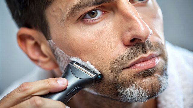 a man's face as he shaves with an electric razor, detailed facial features