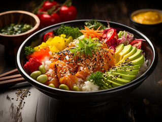 Hawaiian poke bowl with tuna, salmon avocado, rice, tomato, mango.  Photo for restaurant menu, advertising, delivery, banner