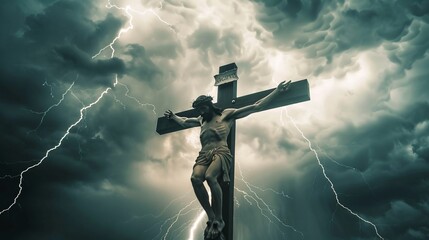 A dramatic scene of a crucified savior amidst a raging tempest.
