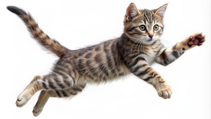 Whimsical illustration of a playful cat in mid-jump, isolated on a pure white background, with a clean transparent PNG format ideal for artwork and graphic design.