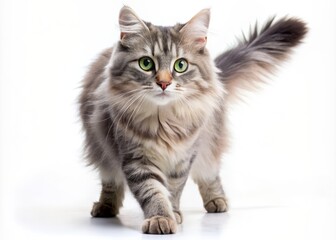 Obraz premium Adorable feline with soft gray fur and bright green eyes walks confidently on a pristine white background, showcasing its independence and agility.