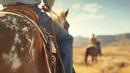 Close-up of a cowboy riding in a vast, sunlit landscape with other riders in the background. Outdoor adventure, equestrian activities, countryside exploration, cowboy lifestyle.