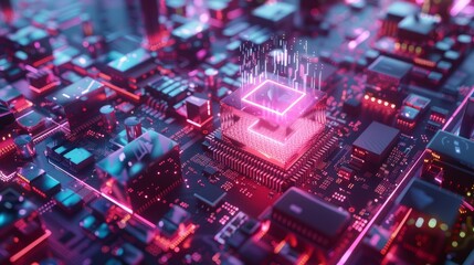 Futuristic information technology concept featuring info symbol on microchip: data flowing from cpu across advanced motherboard in high-detail 3d render


