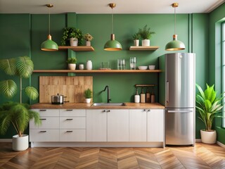 Modern minimalist kitchen with lush green accent wall, retro-style green refrigerator, wooden countertop, sink, plain white cabinets, potted plant, and scattered kitchen utensils.