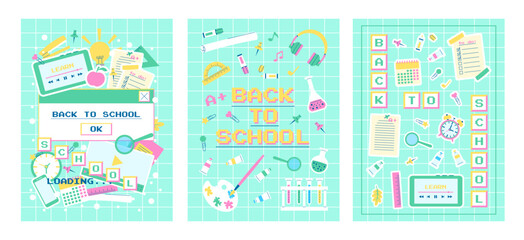 Fototapeta premium Set of back to school posters with school supplies in the y2k style. Vector template for banner, post, postcard