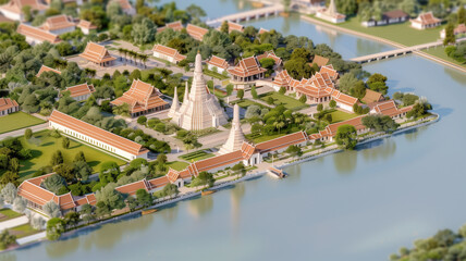 Aerial view of a serene Thai temple complex by the water, showcasing traditional architecture and lush greenery.
