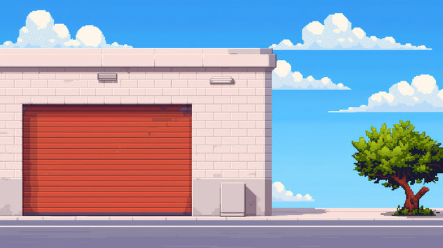 Pixel art depiction of a building with a red garage door and a small tree, set against a blue sky with clouds.

