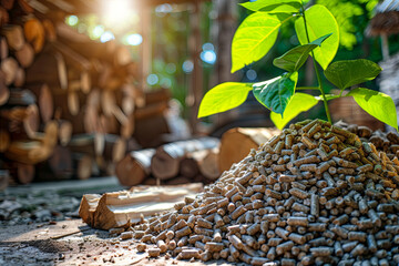Ground level of heap of compressed wood pellets stacked on floor near chopped firewood of various types with green leaves and biomass briquettes in sunlight