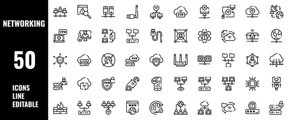 50 Networking Icons Set Line Editable Vector Illustration