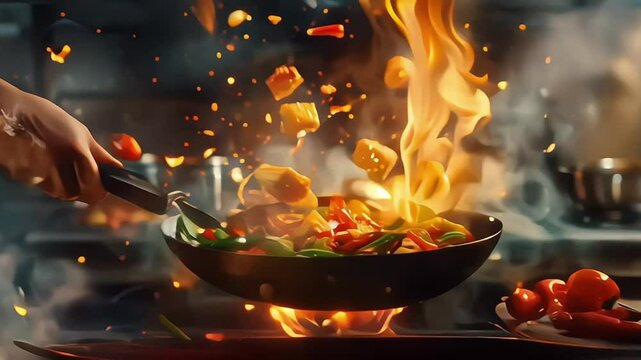 Chef hands keep wok with fire. Closeup chef hands cook food with fire