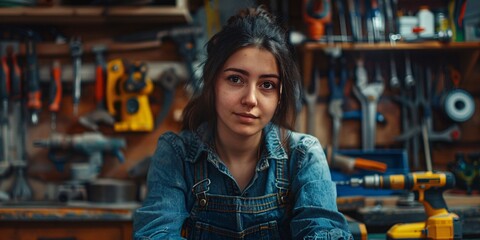 A female laborer in coveralls poses in her home workshop surrounded by equipment.