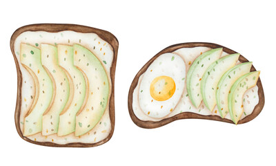 Watercolor illustration. Food set. Hand painted avocado toast, sandwich. Sliced avocado on brown bread with hard boiled egg, cream cheese, white butter, spices. Breakfast, meal. Isolated clip art