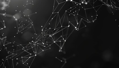 An abstract, glowing web of interconnected points and lines cascades across a dark backdrop, illustrating concepts of connectivity and network structures.