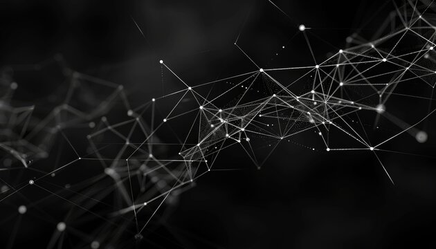 An abstract, glowing web of interconnected points and lines cascades across a dark backdrop, illustrating concepts of connectivity and network structures.