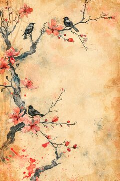 watercolor vintage scrapbook junk journal page, copy space in center, watercolor clipart of Birds in a Blossoming Tree on parchment paper, vintage art, for Junk Journal, Digital Paper