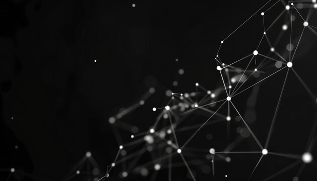 An abstract, glowing web of interconnected points and lines cascades across a dark backdrop, illustrating concepts of connectivity and network structures.