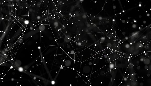 An abstract, glowing web of interconnected points and lines cascades across a dark backdrop, illustrating concepts of connectivity and network structures.