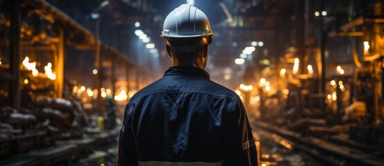 Obraz premium Industrial worker in front of oil refinery plant at night time.