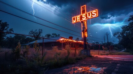 Conceptual photography of an illuminated cross with "JESUS" glowing, with lightning striking around it, symbolizing the power of faith and the presence of Jesus Christ in times of trouble