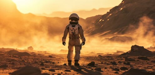 Fototapeta premium Astronaut in the desert at sunset.