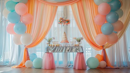 A pastel-themed birthday setup with flowing drapes, a colorful balloon arch, and a table set with a decorated cake and party decorations