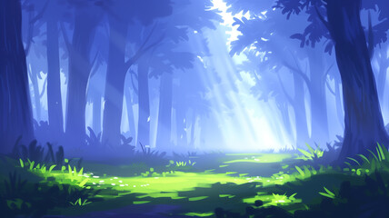 Fototapeta premium Sunbeams filter through the dense canopy of a serene forest, illuminating the lush greenery on the forest floor. 
