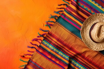 Traditional Mexican textile blanket with colorful stripes next to a woven straw hat on an orange background. Cultural heritage. Hispanic Heritage Month, textiles, traditional apparel, home decor