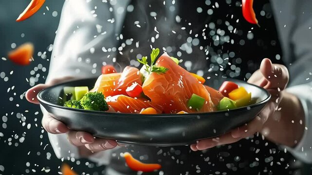 Chef prepares pieces of salmon or trout fillet with green beans in a pan