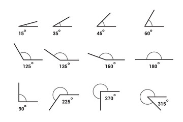 Different Angles degrees template set. Measure and geometric math symbol collection set. Educational school learning. trigonometry school lesson