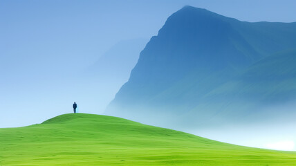 A solitary figure stands on a misty green hill with a large, majestic mountain in the background.
