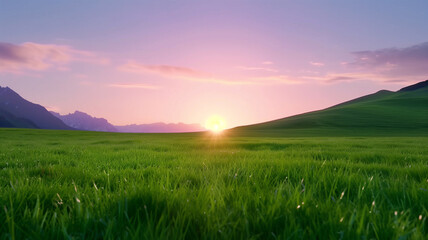Fototapeta premium Serene Sunrise Over Green Fields and Mountains 