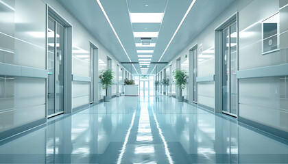 Fototapeta premium Empty clean hospital hallway with glass doors