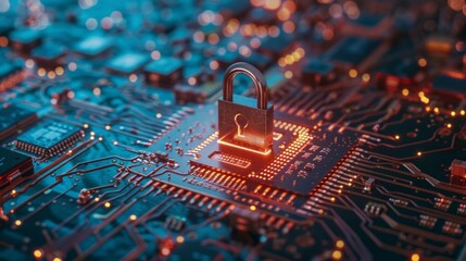 Secure padlock on circuit board depicting cybersecurity and digital data protection, symbolizing online security, privacy, and technological safeguards in modern computing systems


