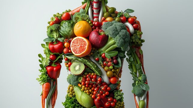 Creative concept of human anatomy with body made from fresh fruits and vegetables, promoting healthy eating and nutrition.