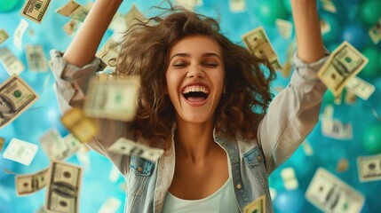 Excited Woman Celebrating Lottery Win With Cash Rain