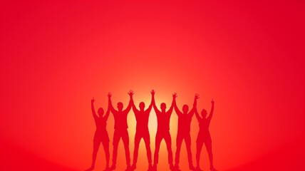 Silhouetted Group Raising Hands Against Red Sky
