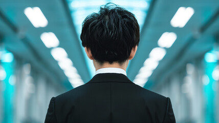 A portrait of a businessman in a black suit, viewed from behind, standing in a modern, brightly lit corridor.
