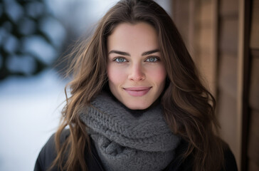 Fototapeta premium Smiling Woman In Winter Clothes Standing Outside A Cabin With Snow And Trees In The Background