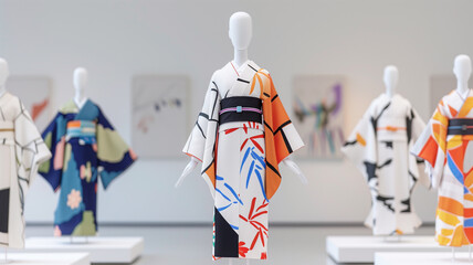 Obraz premium Fashion exhibition showcasing modern kimonos with colorful patterns on mannequins, set in a minimalist gallery space. 