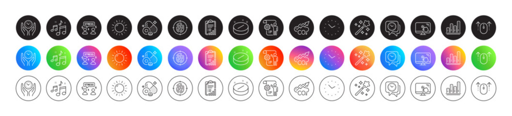 Music, Clock and Sun energy line icons. Round icon gradient buttons. Pack of Safe time, Settings blueprint, Checklist icon. Co2, Time, Chlorine mineral pictogram. Vector