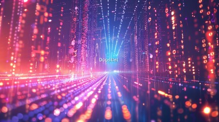 Digital binary code transmission and network connectivity concept with glowing matrix background, illustrating scientific technology data