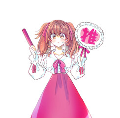 うちわとサイリウムを持って推し活をする女性　困る　赤