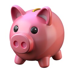 A pink piggy bank with a gold coin in it, a toy representation of saving money