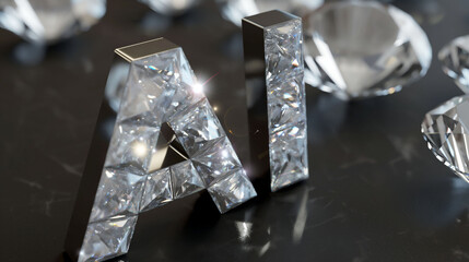 AI letters made of shining crystals reflecting light on a dark background concept. Monochrome minimalist banner with artificial intelligence abbreviation AI. Copy space