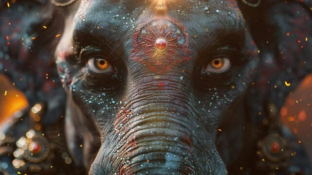 Video Recreation of frontal of elephant head with ornaments up as Ganesha hindu deity