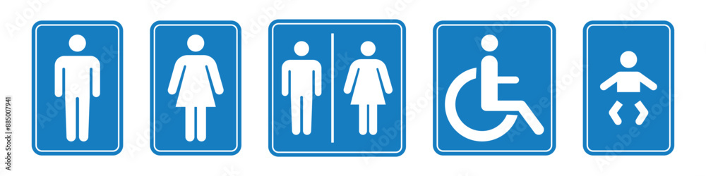 Wall mural washroom signs. printable blue sticker of toilet symbol with man woman baby cleaning icons. restroom