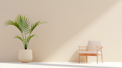 Minimalist Interior with Potted Plant and Wooden Chair
