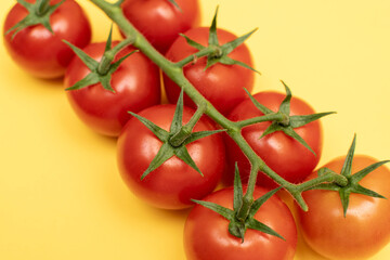 Red cherry tomatoes with green branch on yellow background