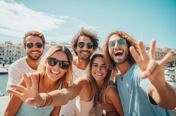 Group of Friends Smiling and Taking Selfie Outdoors on Sunny Day Near Waterfront