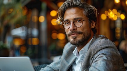 Obraz premium Portrait of a confident businessman with glasses working on a laptop in a cozy, warmly lit cafe, exuding professionalism.